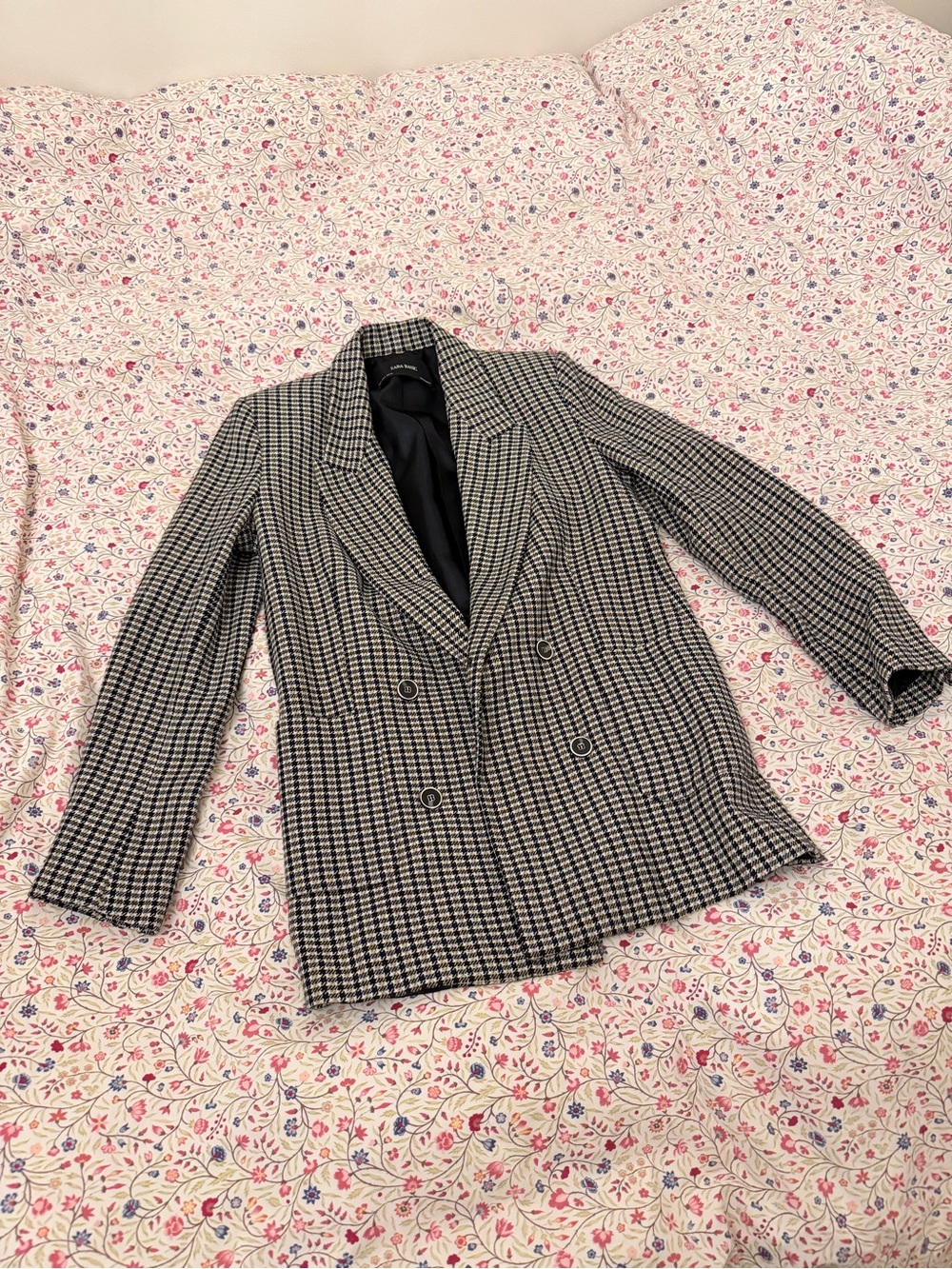 Zara Black & White Houndstooth Double-Breasted Blazer